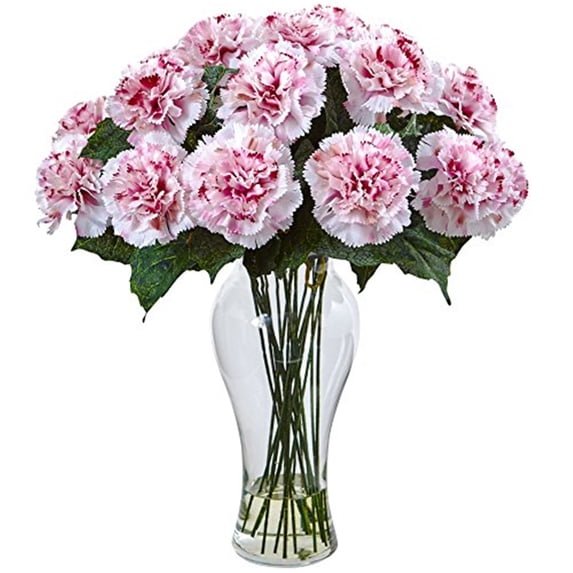 Nearly Natural Blooming Carnation Arrangement with Vase