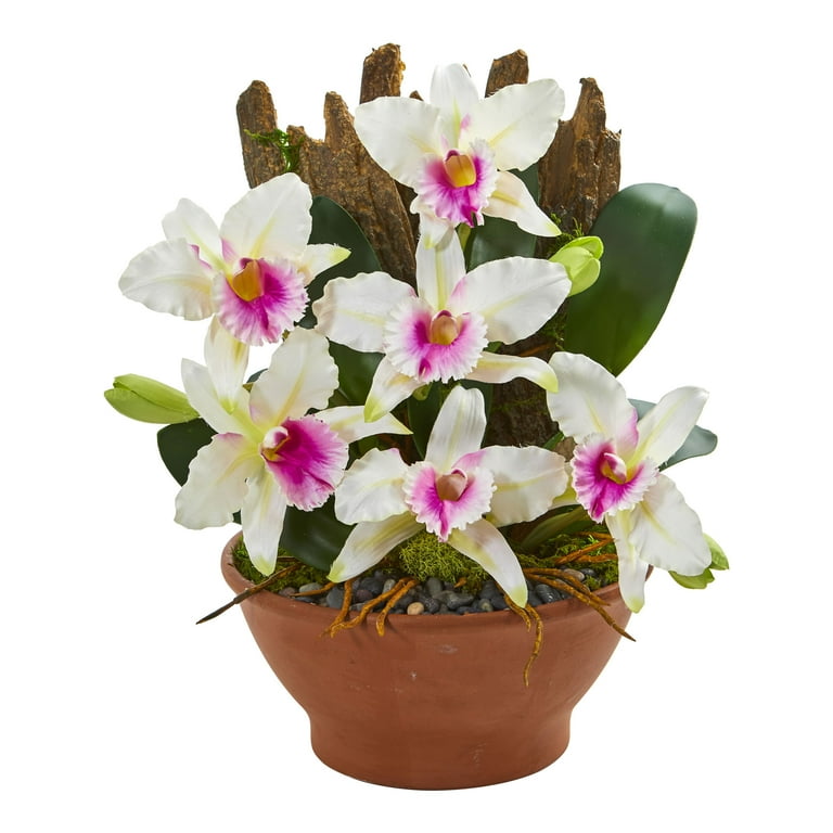 Nearly Natural Cattleya Orchid Artificial Arrangement in Clay Vase