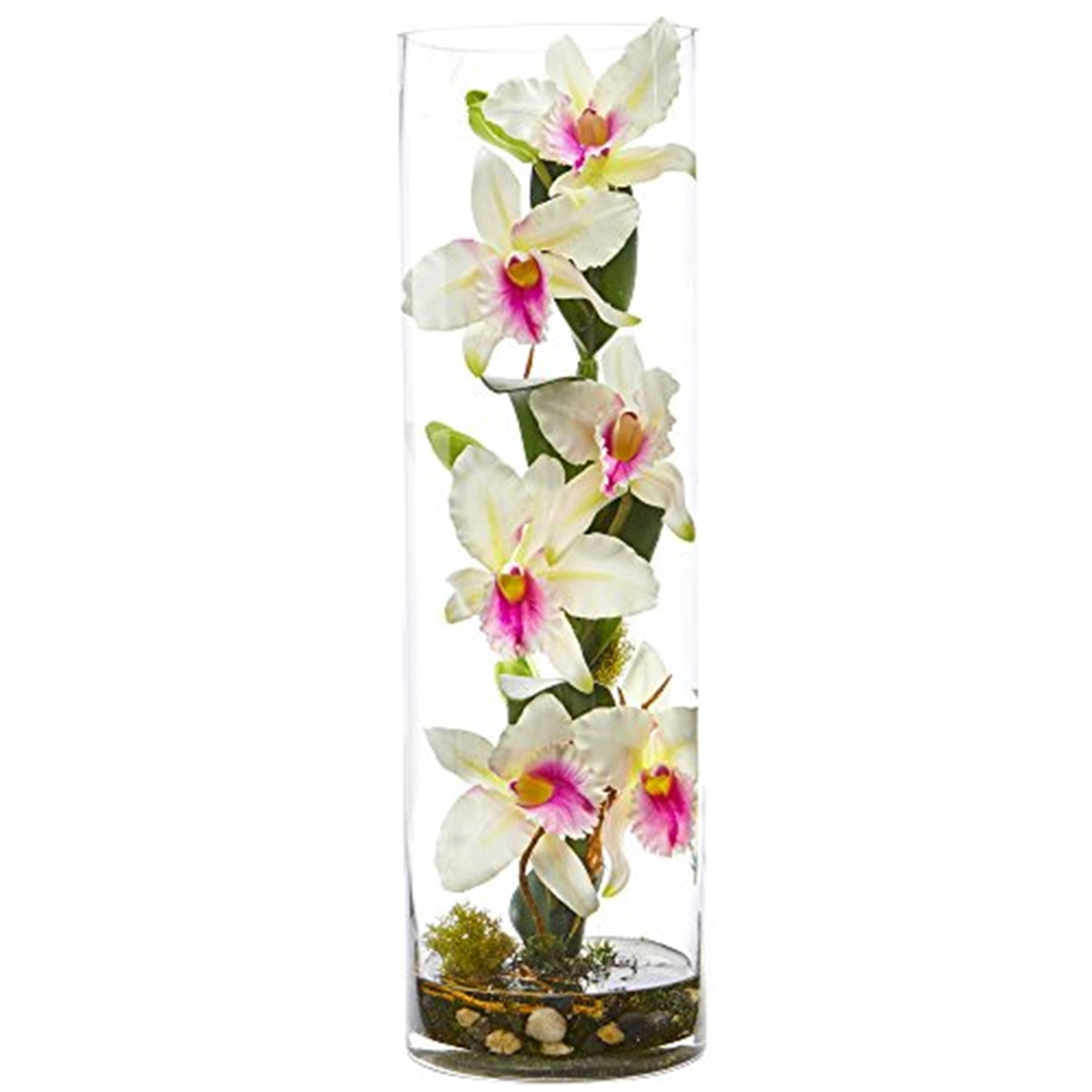 Elegant White Cattleya Orchid 23" Artificial Arrangement in Glass Cylinder