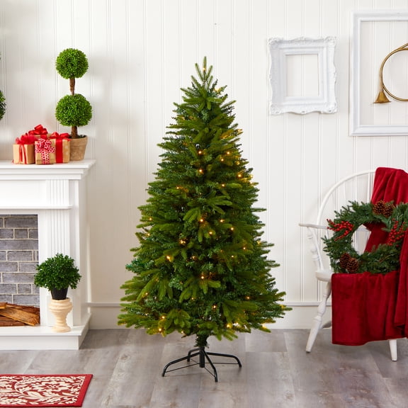 Nearly Natural Clear Prelit 200 LED Green Holiday Sun Valley Fir Artificial Christmas Tree, 5'