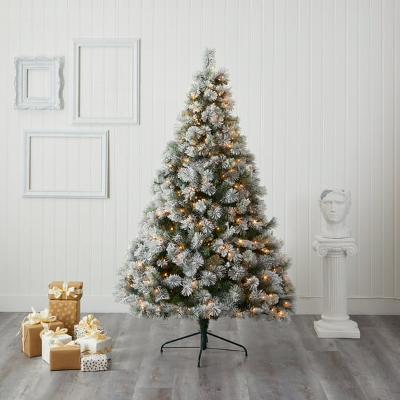 Nearly Natural 7ft. Flocked Oregon Pine Artificial Christmas Tree with 400 Clear Lights and 834 Bendable Branches