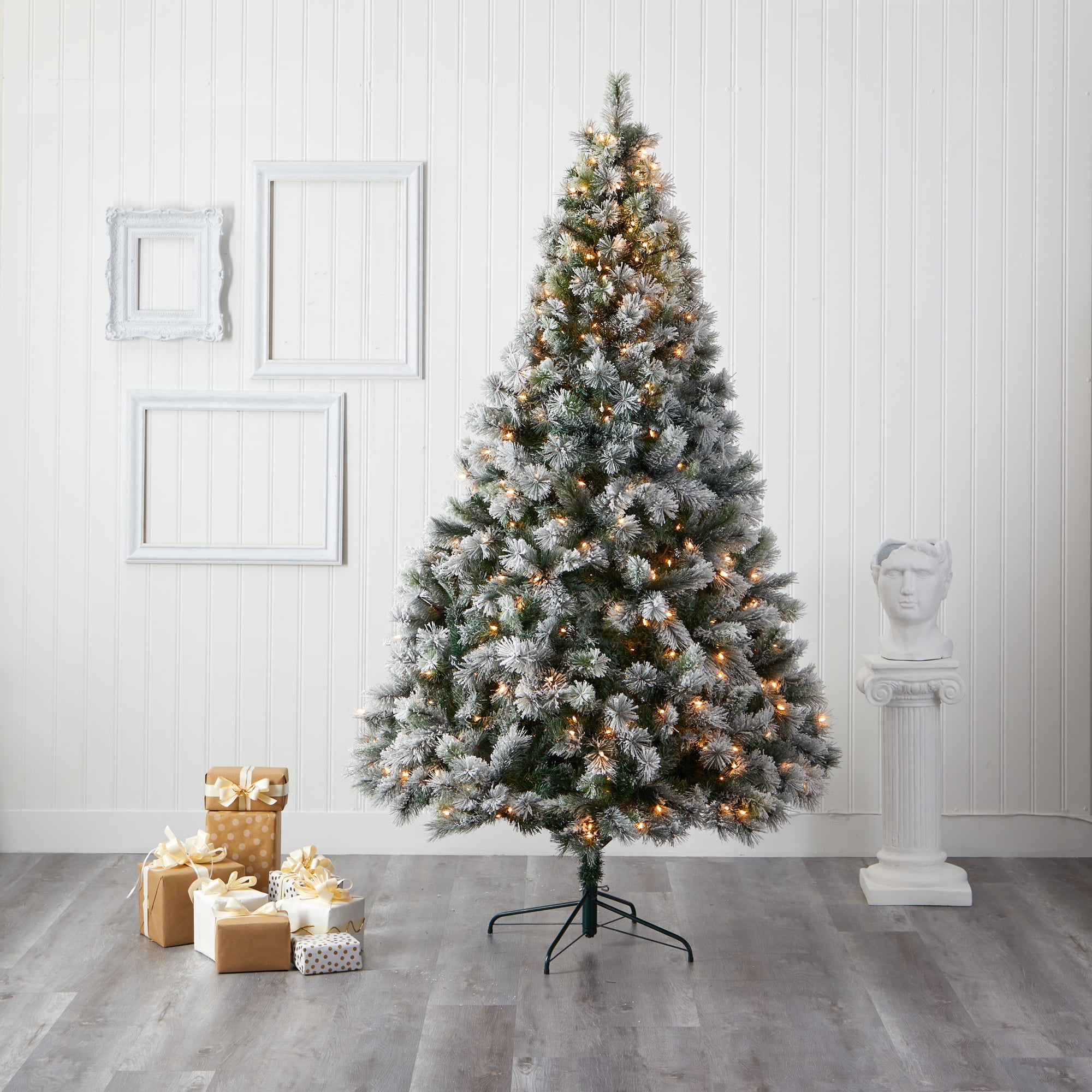 Nearly Natural Clear Prelit 500 LED Green Flocked Pine Flocked Oregon Pine Artificial Christmas Tree, with 1172 Bendable Branches 8'