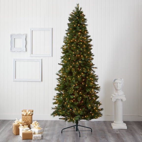 Nearly Natural Clear Prelit 600 LED Green Holiday Slim West Virginia Mountain Pine Artificial Christmas Tree, with 1359 Bendable Branches 9'