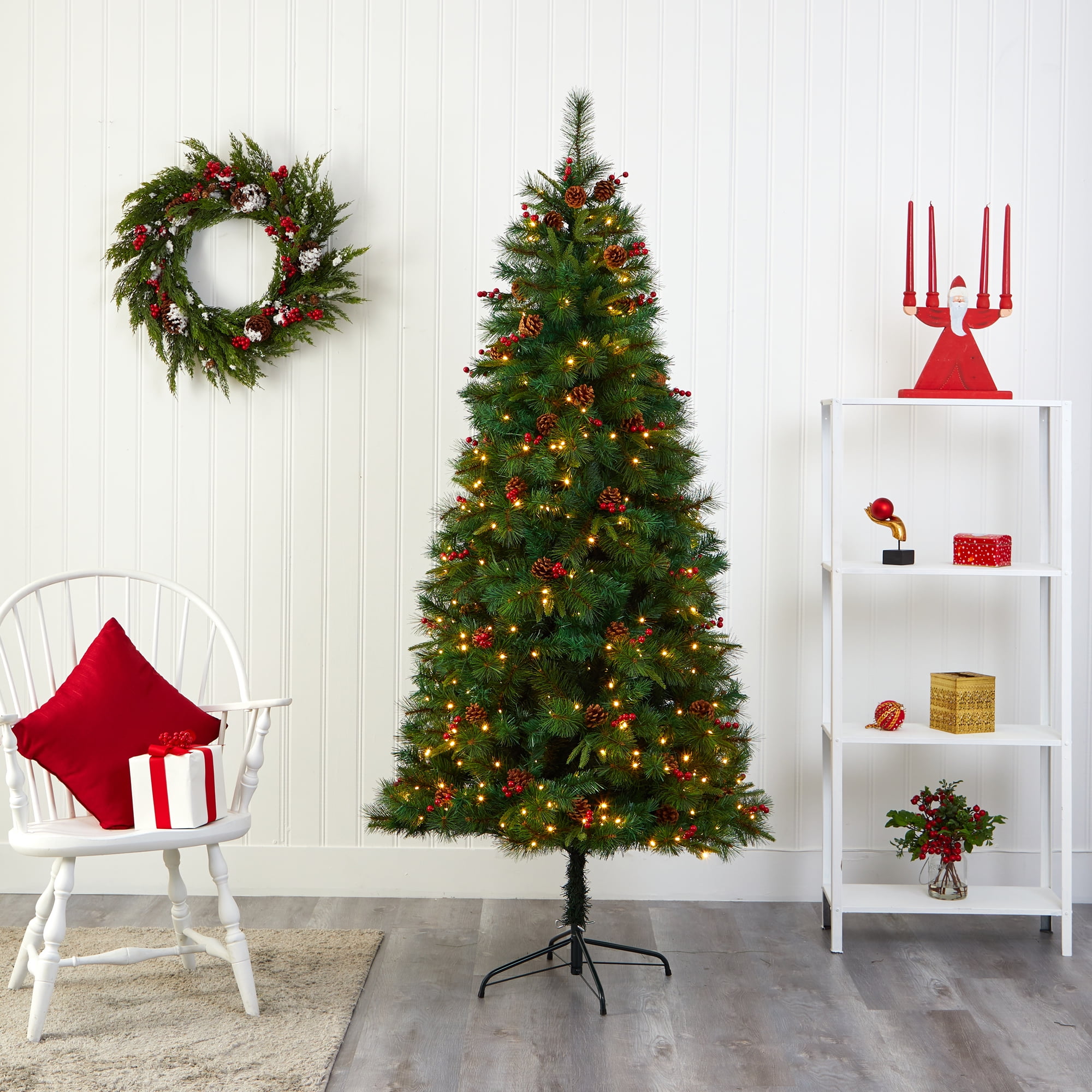 7ft Green Pine Artificial Christmas Tree with LED Lights and Pinecones