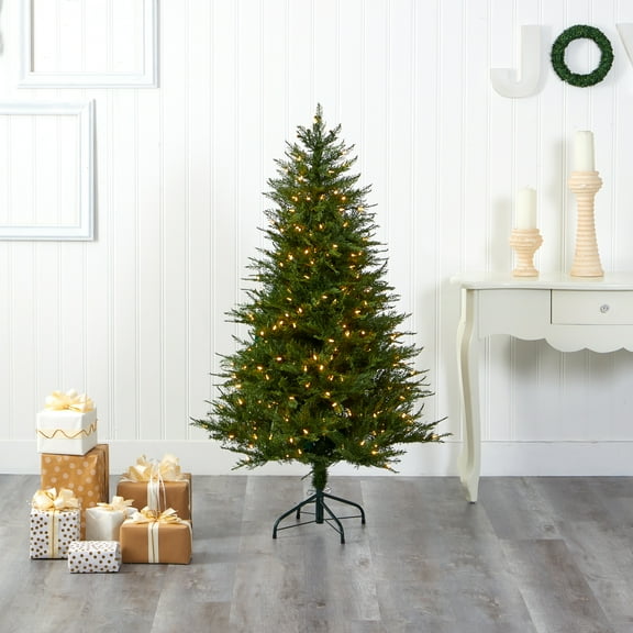Nearly Natural Clear Prelit LED Green Decorated Fir Christmas Tree, 5'
