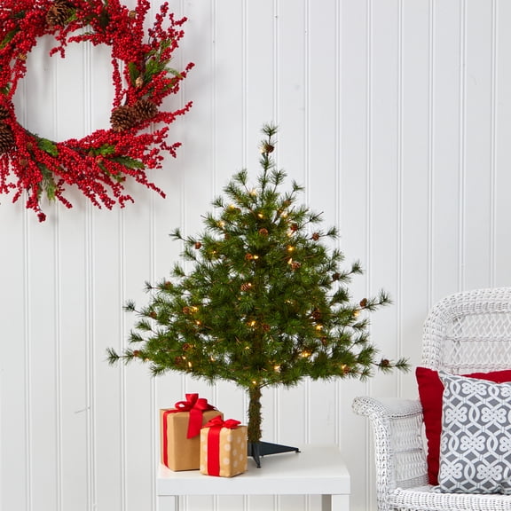 Nearly Natural Clear Prelit LED Green Decorated Pine Christmas Tree, 3'