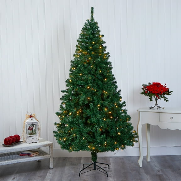 Nearly Natural Clear Prelit LED Green Decorated Pine Christmas Tree, 7.5'