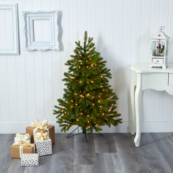 Nearly Natural Clear Prelit LED Green Decorated Spruce Christmas Tree, 4'