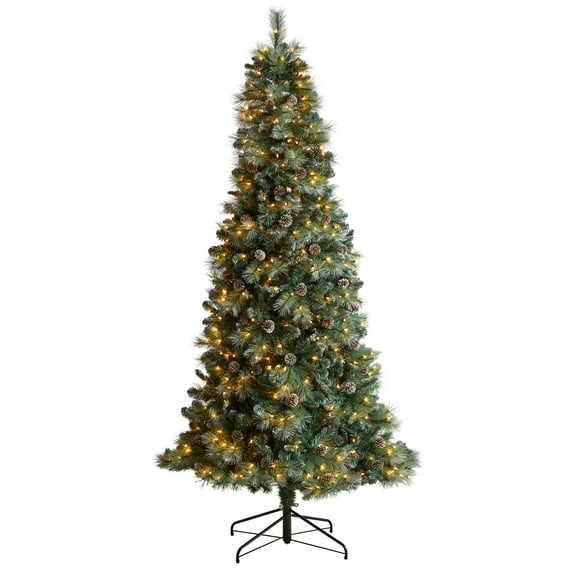 Nearly Natural Clear Prelit LED Green Flocked Frosted Tip Pine Artificial Christmas Tree, 8'