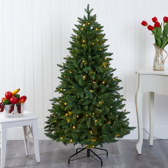 Nearly Natural Clear Prelit LED Green Holiday Pine New Hampshire Fir Artificial Christmas Tree, 5'