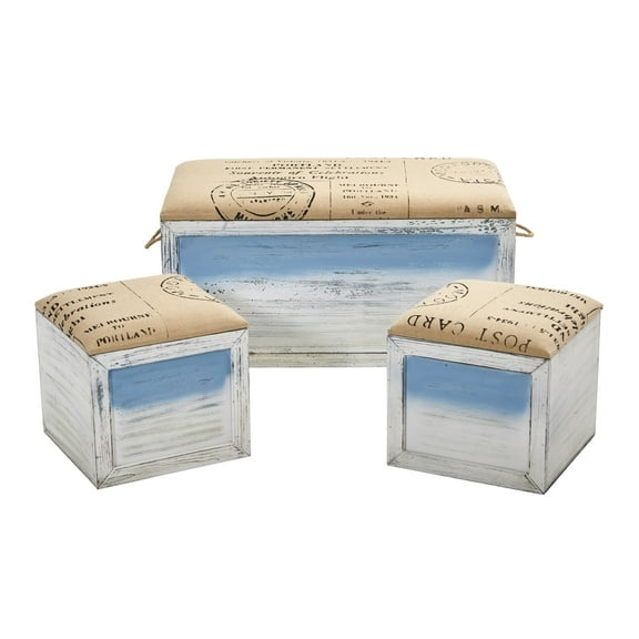 Nearly Natural Cream/Blue Wooden Ocean Breeze Storage Boxes, Bench and Seating Set (Set of 3)