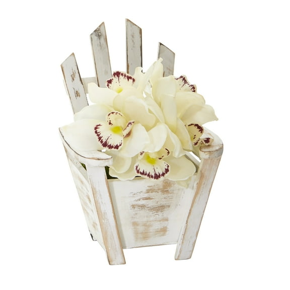 Nearly Natural Cymbidium Orchid Artificial Arrangement in Chair Planter