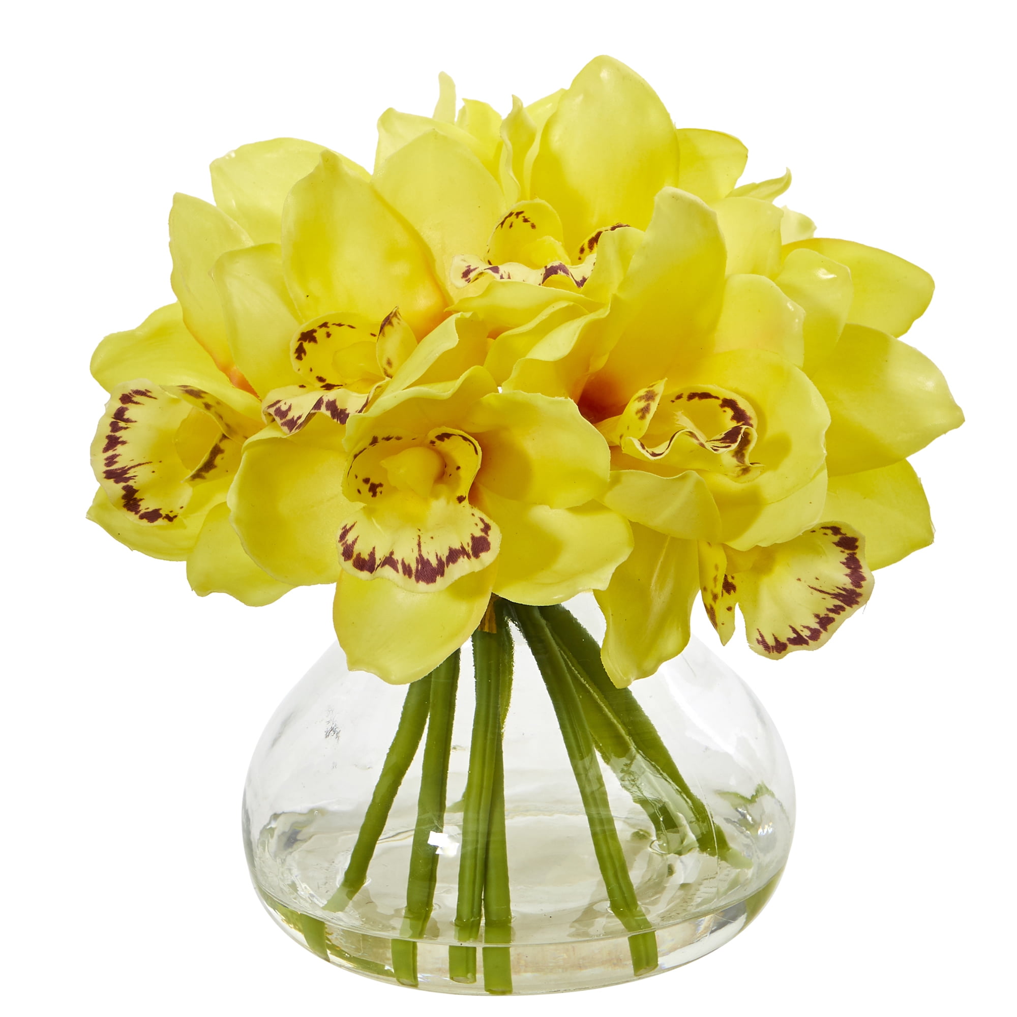 Nearly Natural Cymbidium Orchid Artificial Arrangement in Glass Vase, Yellow