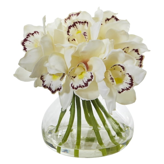 Nearly Natural Cymbidium Orchid Artificial Arrangement in Glass Vase