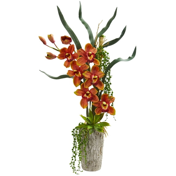 Nearly Natural Cymbidium Orchid Artificial Arrangement in Planter