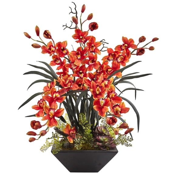Nearly Natural Cymbidium Orchid Artificial Flower with Vase, Burgundy