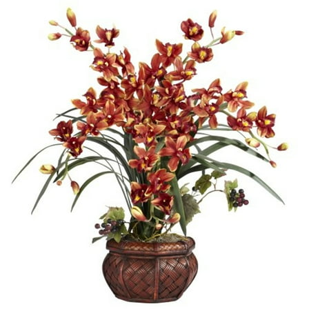 Nearly Natural Cymbidium with Decorative Vase Silk Flower Arrangement, Burgundy