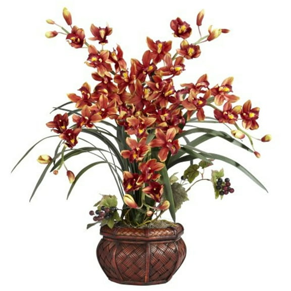 Nearly Natural Cymbidium with Decorative Vase Silk Flower Arrangement, Burgundy
