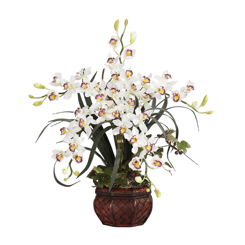 Nearly Natural White Cymbidium Silk Flower Arrangement with Decorative Vase