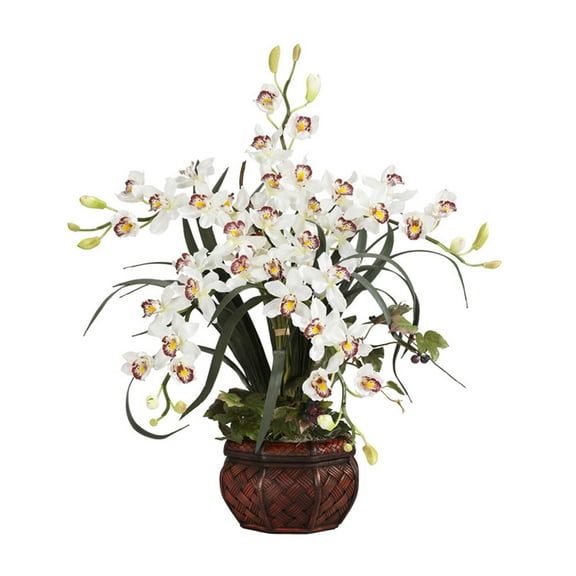 Nearly Natural Cymbidium with Decorative Vase Silk Flower Arrangement, White