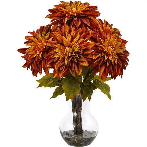 Nearly Natural Dahlia Artificial Arrangement with Glass Vase, Orange