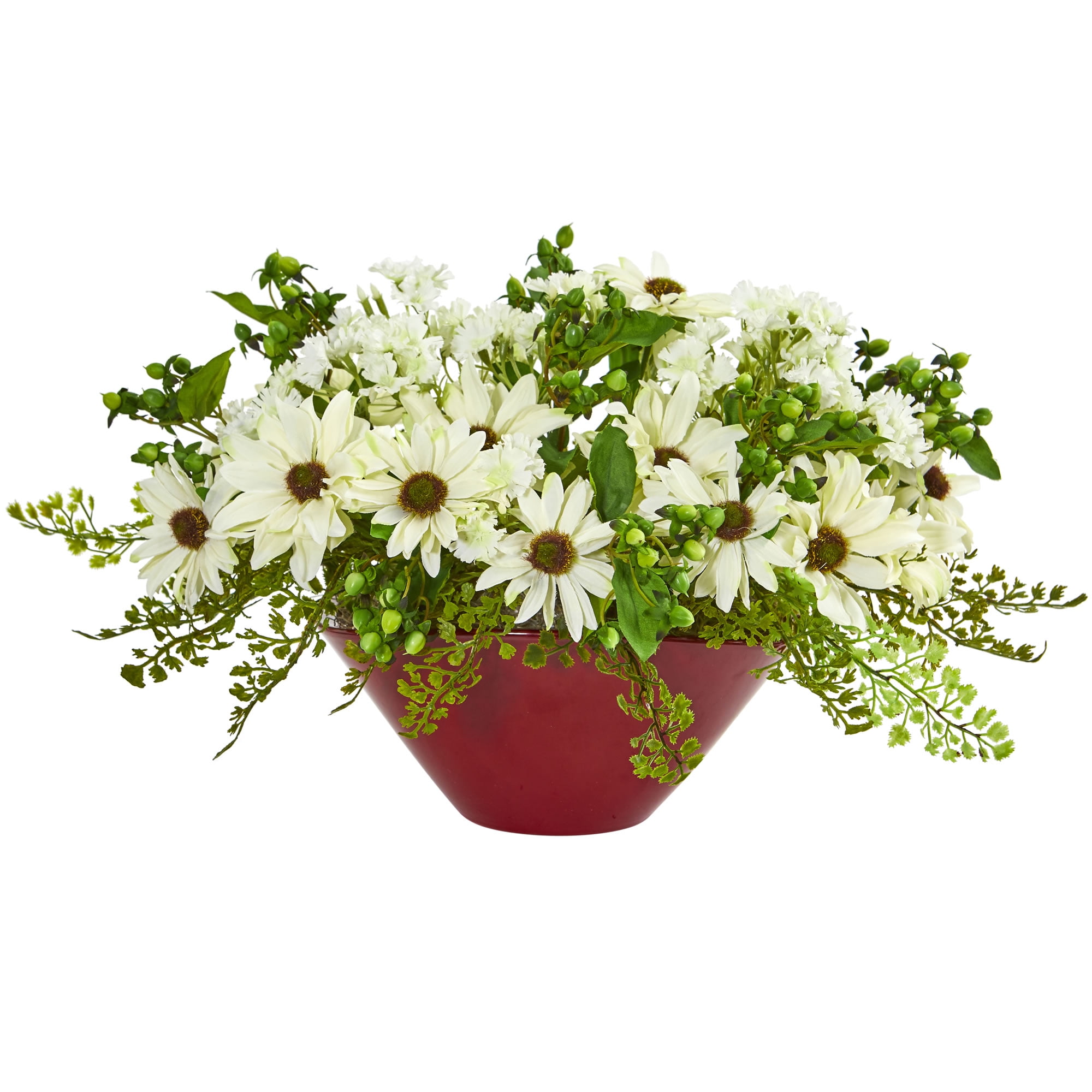 Nearly Natural Daisy Artificial Arrangement in Red Vase