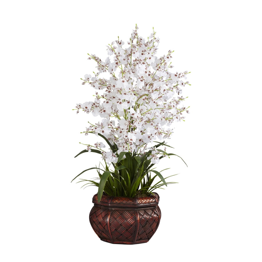 White Silk Dancing Lady Flower Arrangement with Brown Vase