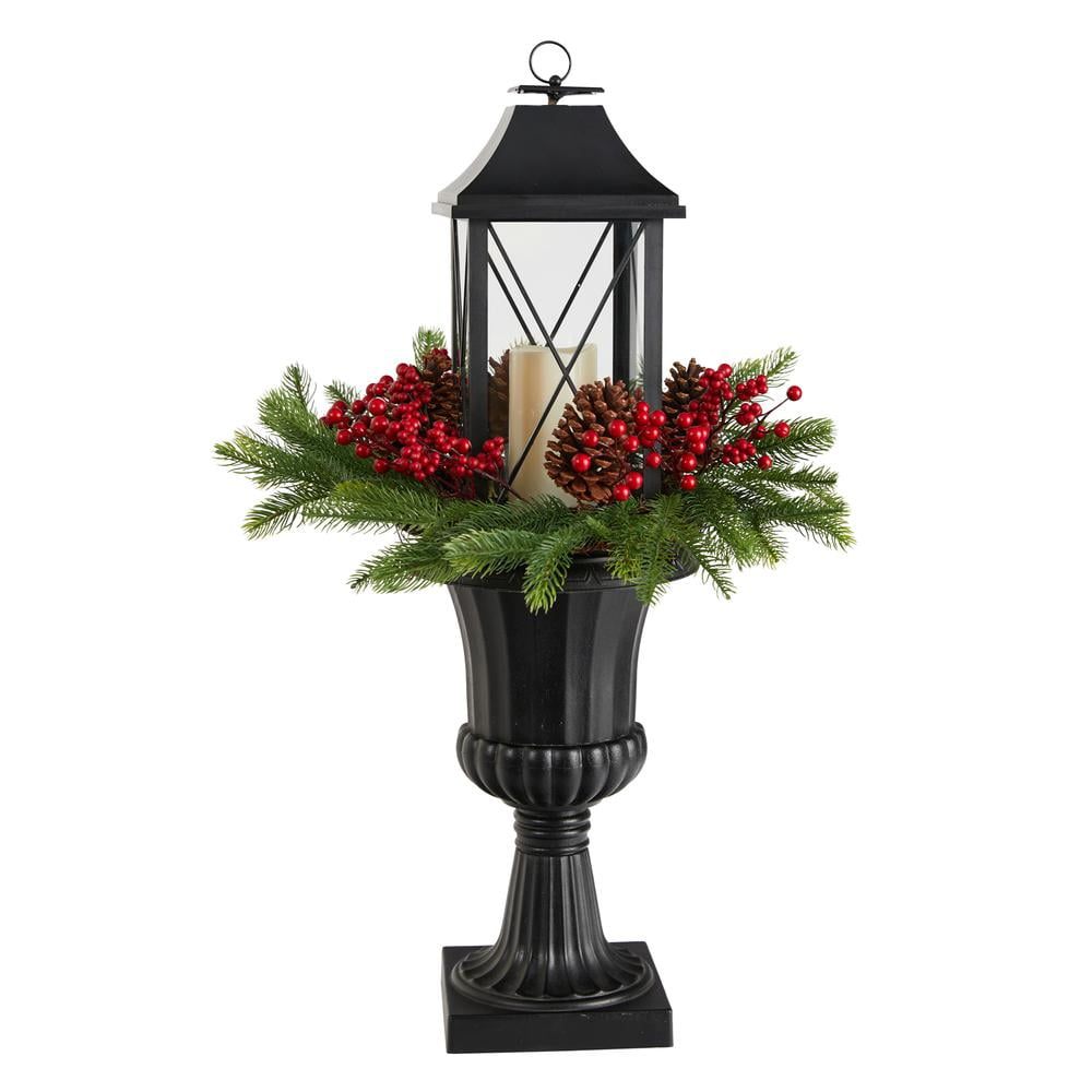 33" Black Metal Lantern with Greenery and Red Berries Centerpiece