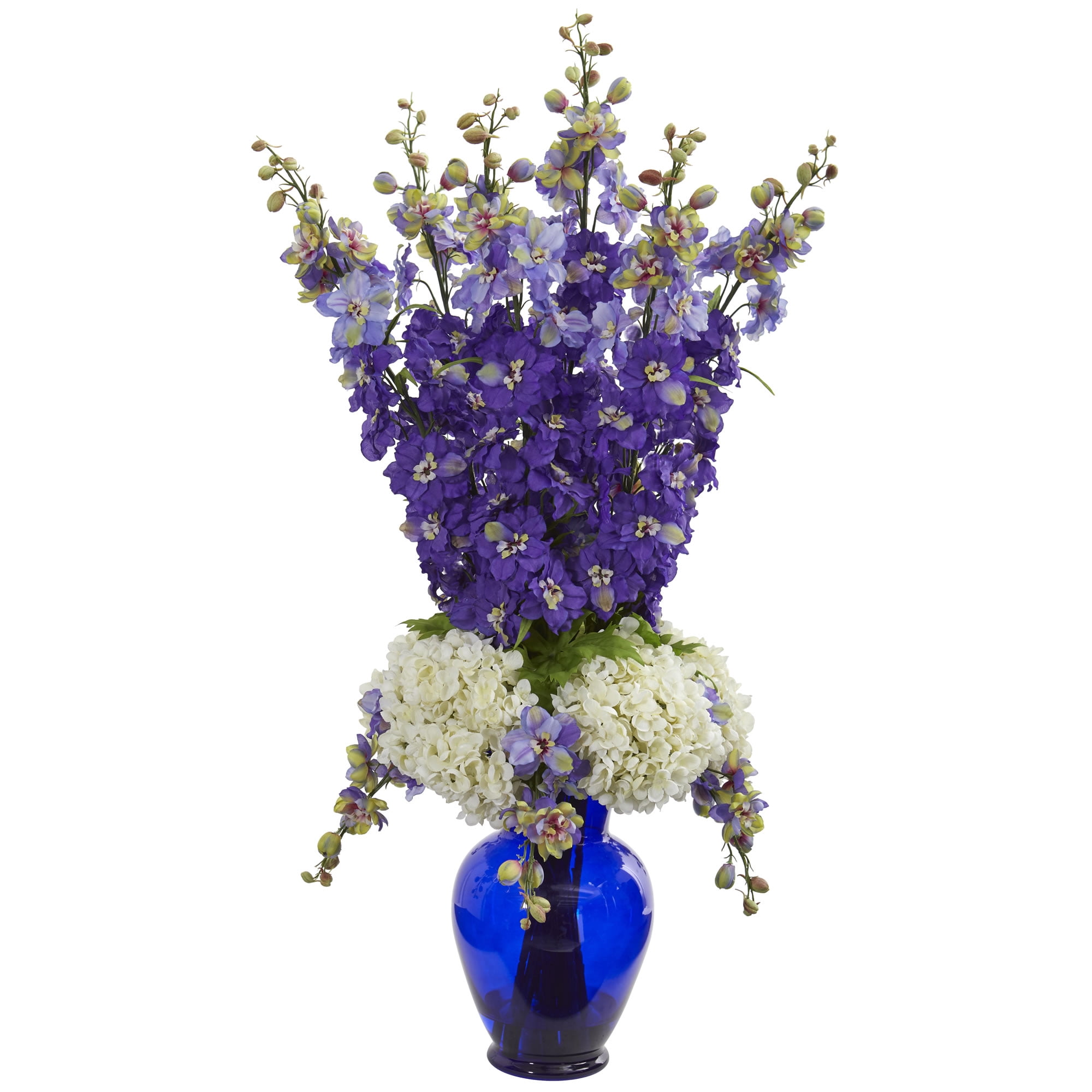 Nearly Natural Delphinium and Hydrangea Artificial Arrangement in Blue Vase