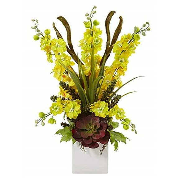 Nearly Natural Delphinium and Succulent Arrangement (Yellow)