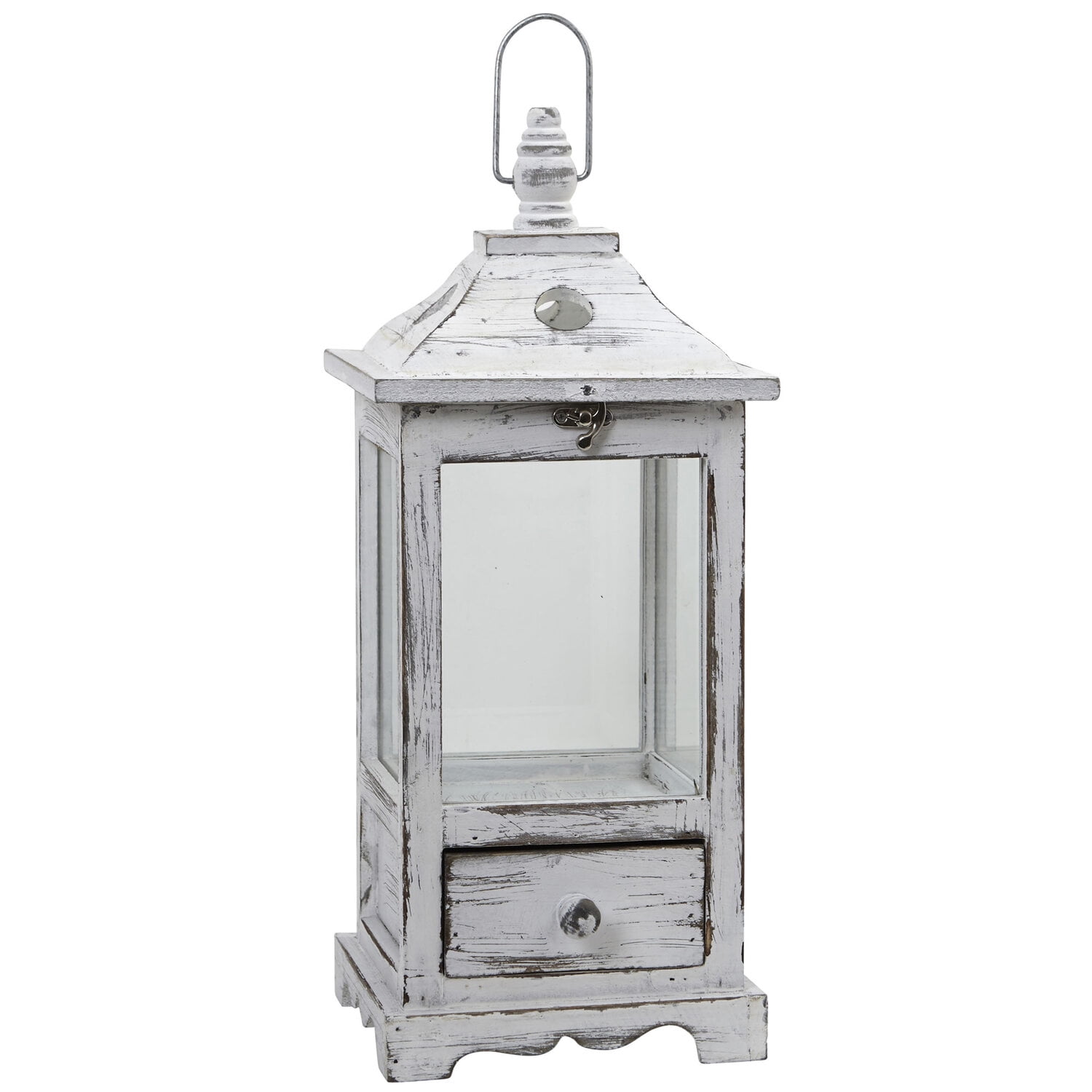 Distressed White Wood Tabletop Candle Lantern with Drawer