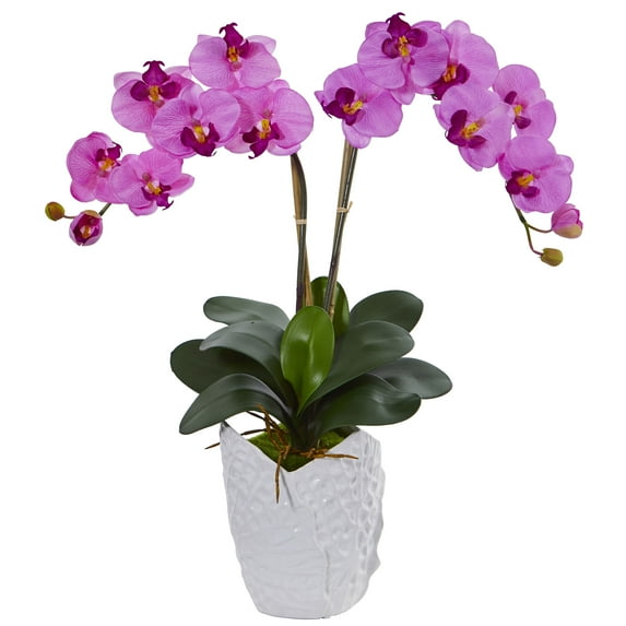 Nearly Natural Double Phalaenopsis Orchid Artificial Flower Arrangement in White Vase, Mauve