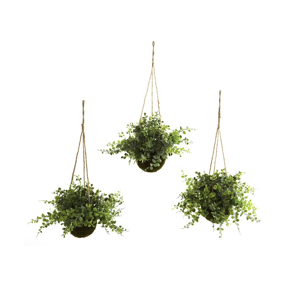 Set of 3 Green Faux Eucalyptus and Maiden Hair Hanging Baskets