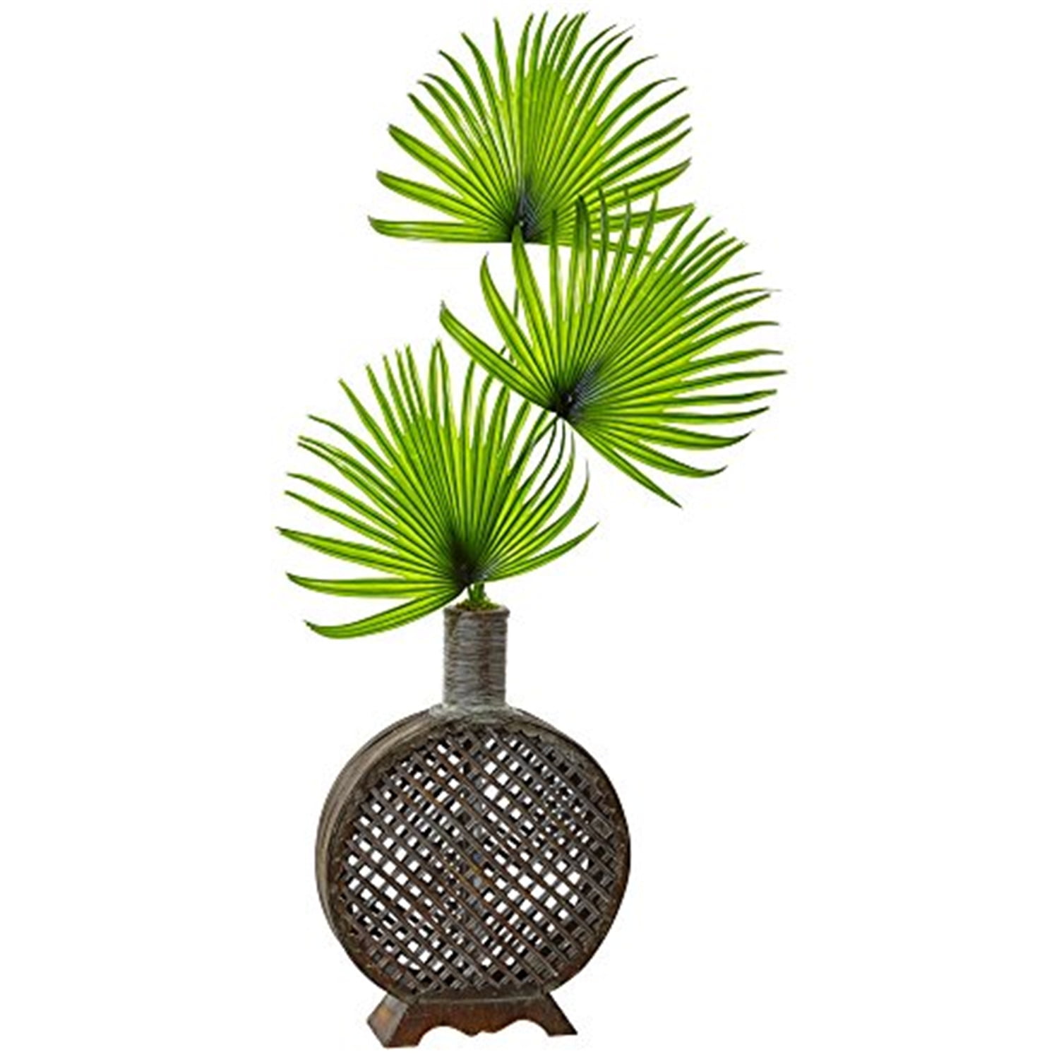 Green Faux Fan Palm in Open Weave Basket Vase