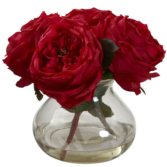 Nearly Natural Fancy Rose Artificial Flower Arrangement with Vase, Red