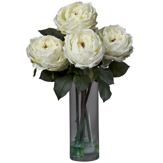 Nearly Natural Fancy Rose Artificial Flower Arrangement with Vase, White