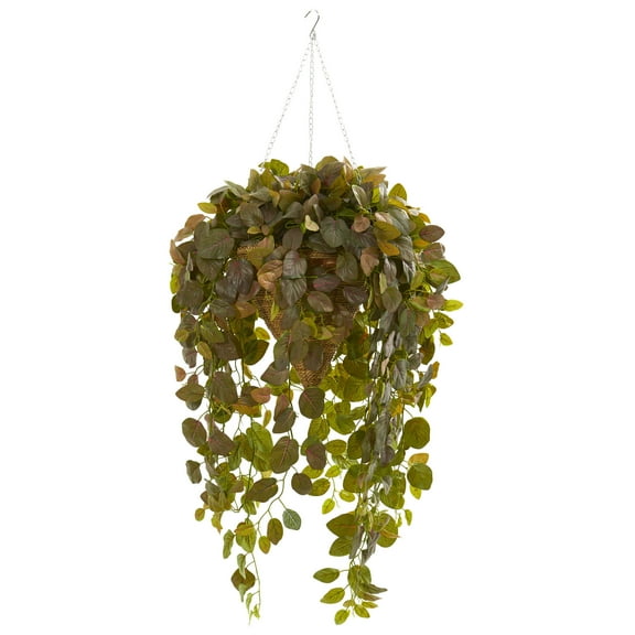 Nearly Natural Fittonia Artificial Plant in Hanging Cone Basket (Real Touch), Burgundy