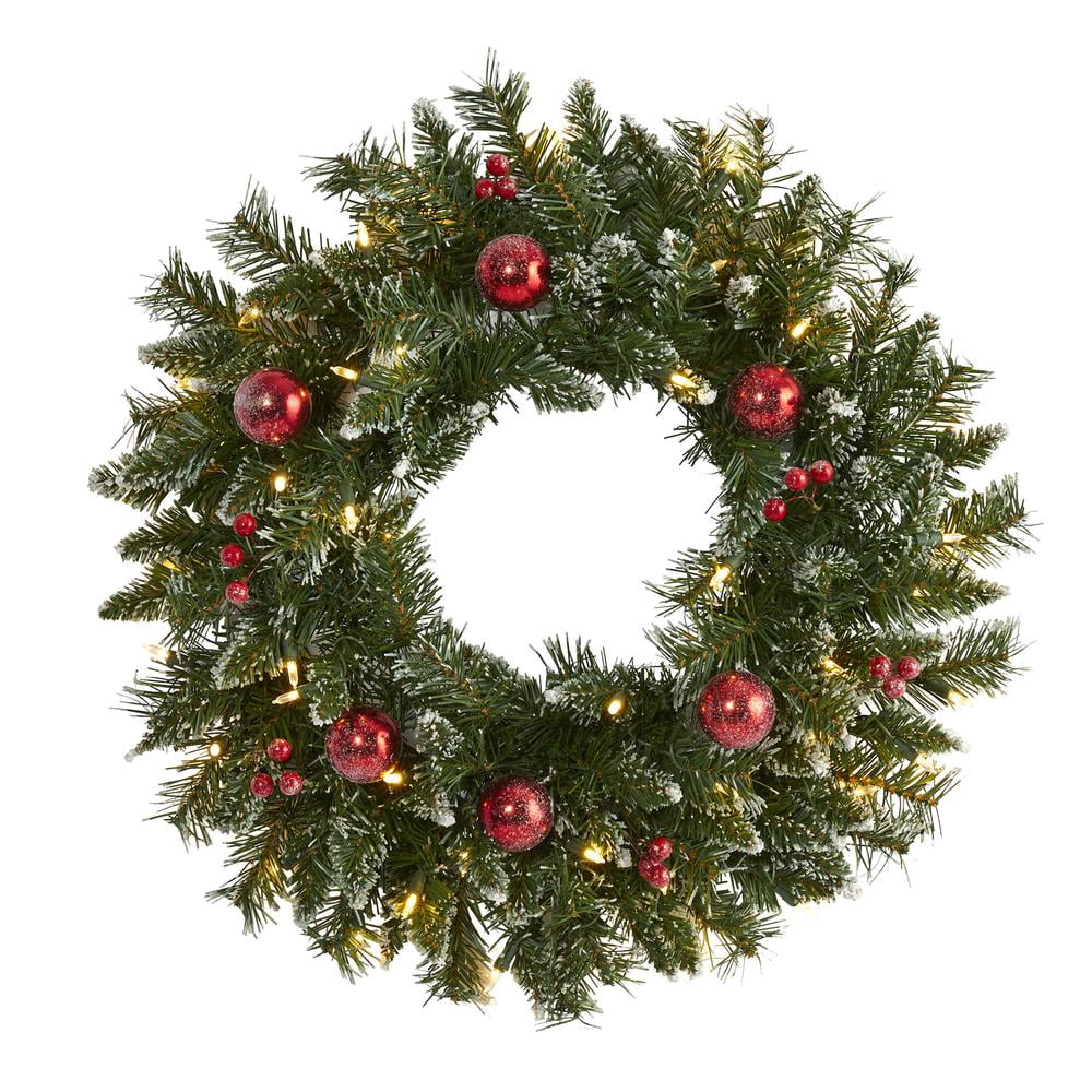 Nearly Natural Frosted Artificial Christmas Wreath with 50 Warm White LED Lights
