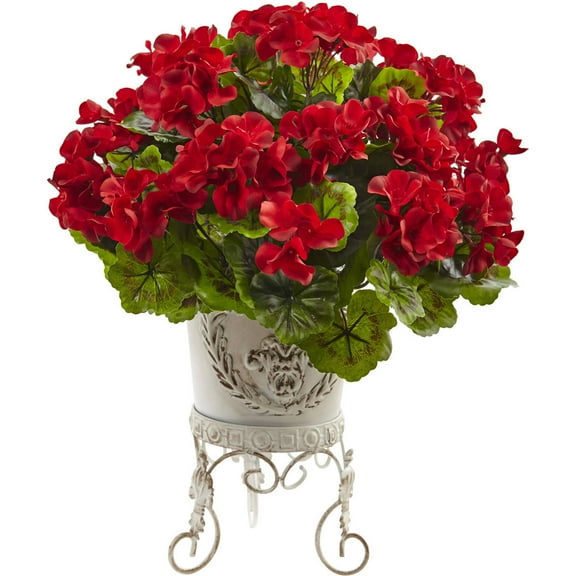 Nearly Natural Geranium Artificial Flowers with Metal Planter, Red