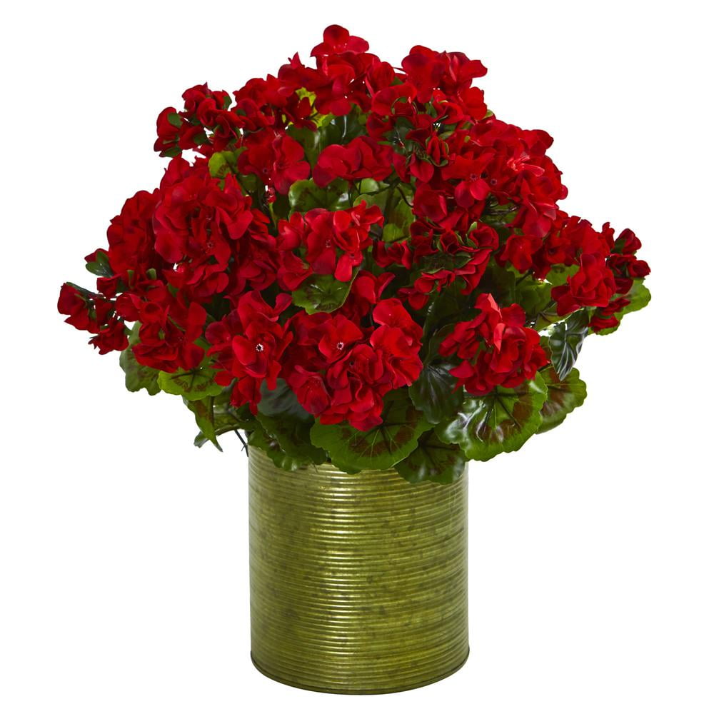 Red Geranium Artificial Plant in Green Metal Planter