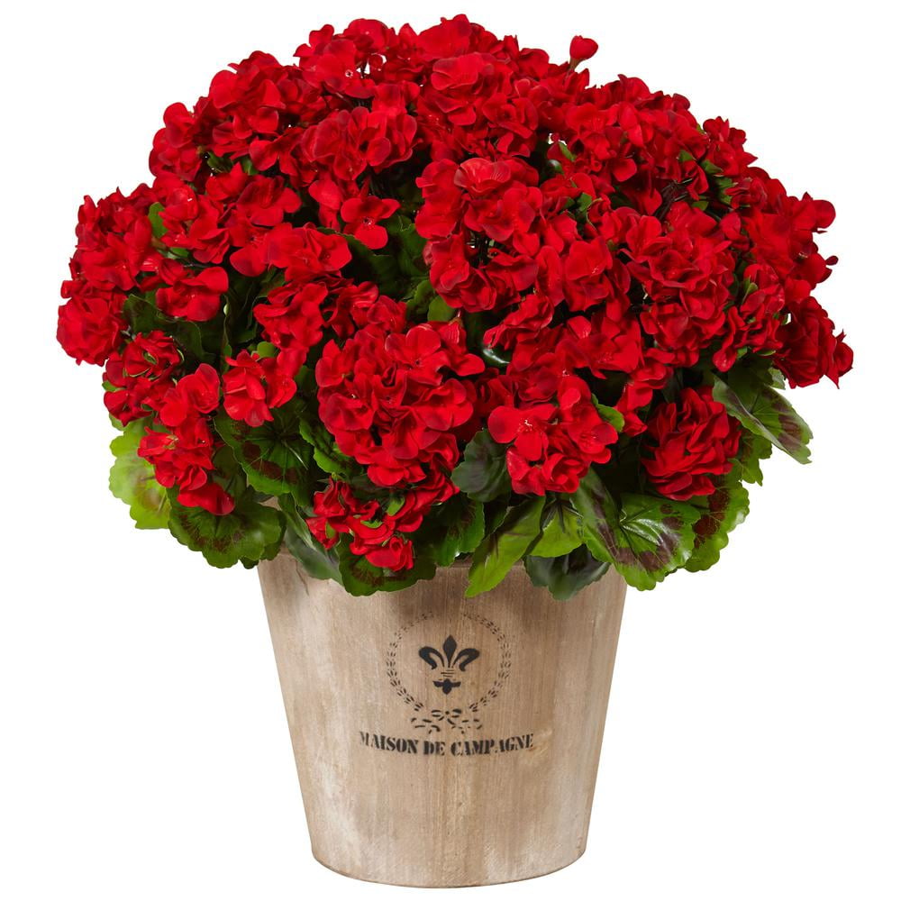 Red UV Resistant Artificial Geranium in Farmhouse Barrel Planter