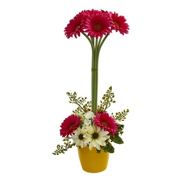 Nearly Natural Gerber Daisy Artificial Arrangement in Ceramic Vase