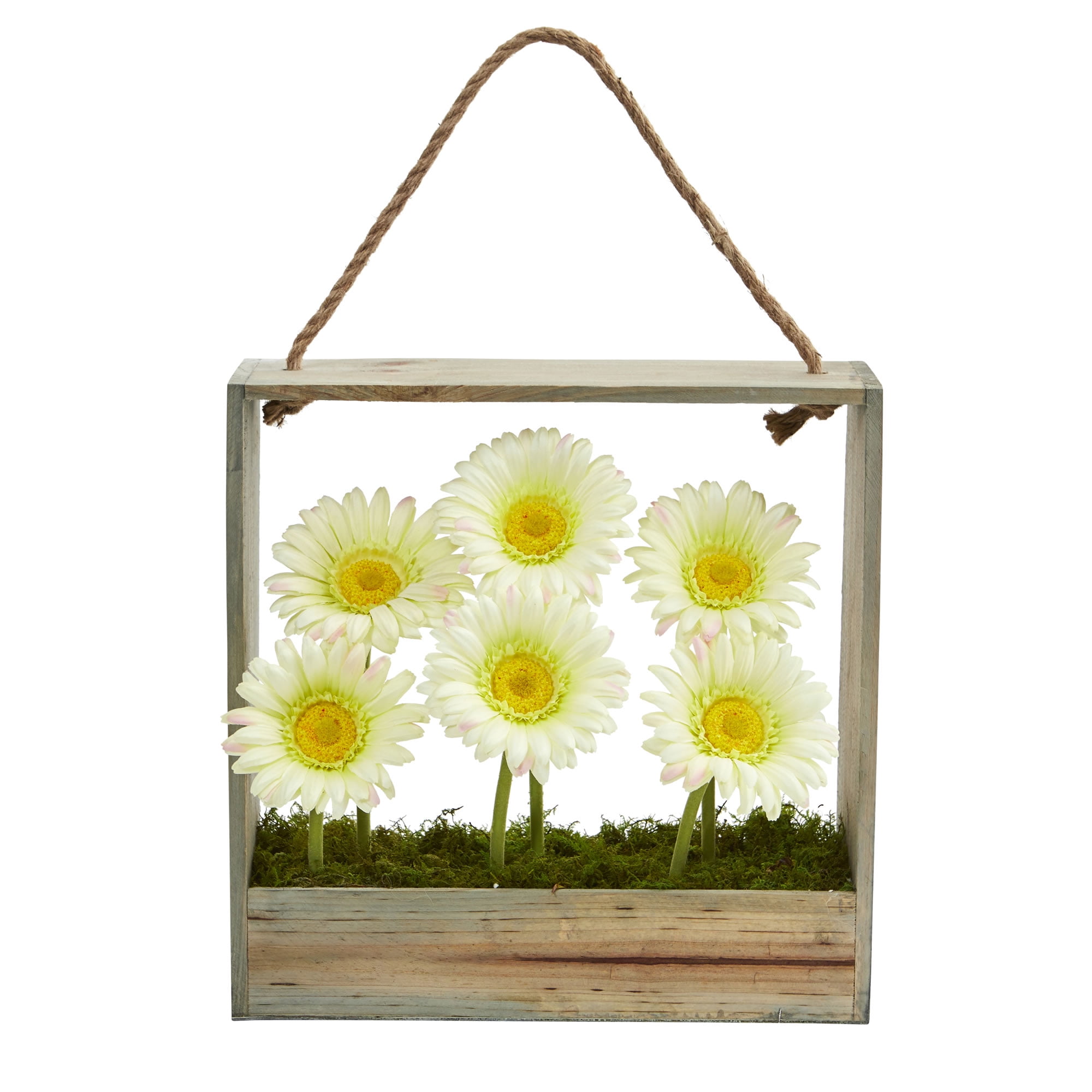 Nearly Natural Gerber Daisy Garden Artificial Arrangement in Hanging Wood Frame