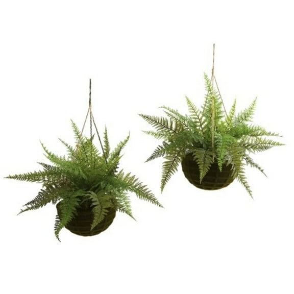 Nearly Natural Green 13" Leather Fern Polyester Artificial Plant with Hanging Basket, Set of 2