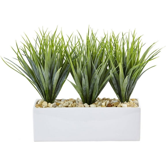 Nearly Natural Green 17"W x 8"D Vanilla Grass in a White Rectangular Planter