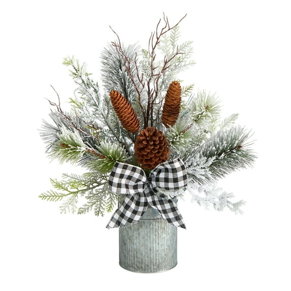 Nearly Natural Green 20" Holiday Winter Greenery Artificial Pine Plant in Tin Vase