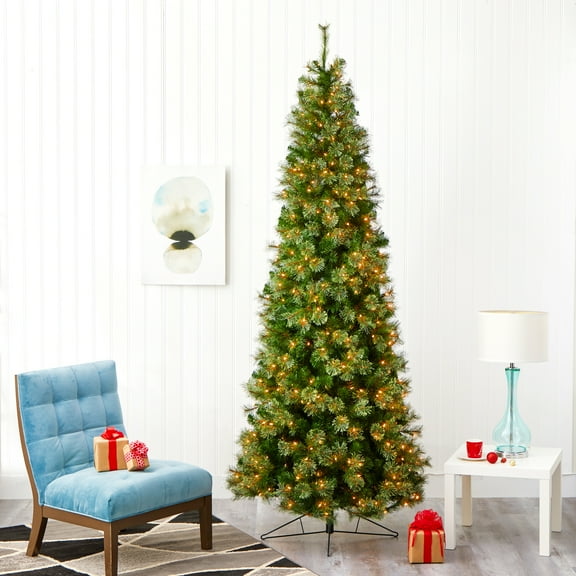 Nearly Natural Green 9' Cashmere Slim Artificial Christmas Tree with 550 Clear Prelit Incandescent Lights