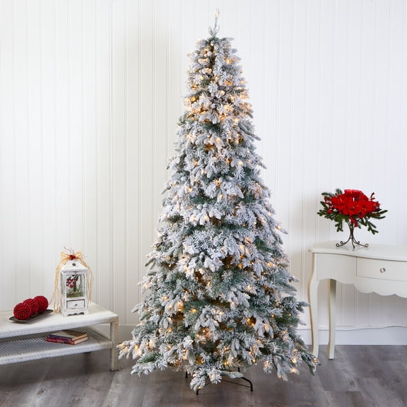 Nearly Natural Holiday 8' Flocked Mixed Pine Artificial Christmas Tree Prelit 600 LED Lights