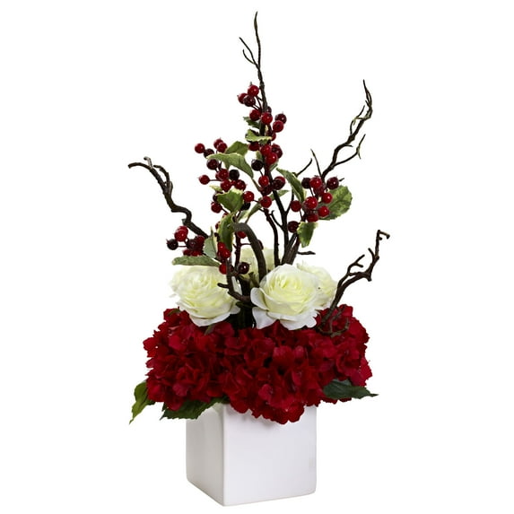 Nearly Natural Holiday Cheers Artificial Flower Arrangement with Vase, Red