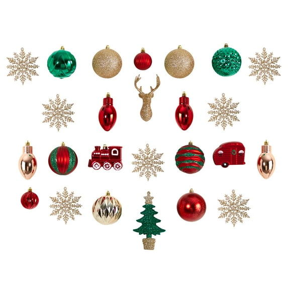 Nearly Natural Holiday Deluxe Shatterproof, 25 Count Christmas Tree Ornament Box Set, Re-Useable Container, Assorted